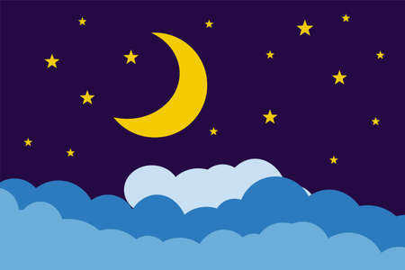 Flat style illustration yellow moon stars and blue clouds background design. Good to use for banner, social media template, poster and flyer template, etc.のイラスト素材