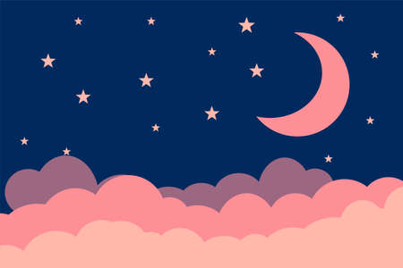 Flat style illustration pink moon stars clouds background design. Good to use for banner, social media template, poster and flyer template, etc.のイラスト素材