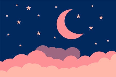 Flat style illustration pink moon stars clouds background design. Good to use for banner, social media template, poster and flyer template, etc.のイラスト素材