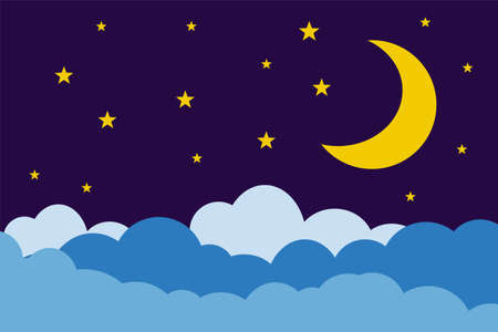 Flat style illustration yellow moon stars and blue clouds background design. Good to use for banner, social media template, poster and flyer template, etc.のイラスト素材