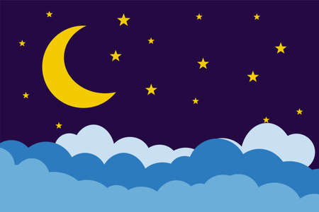 Flat style illustration yellow moon stars and blue clouds background design. Good to use for banner, social media template, poster and flyer template, etc.のイラスト素材