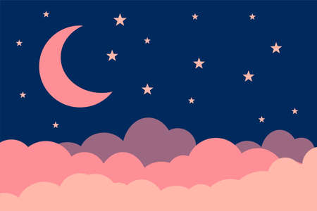 Flat style illustration pink moon stars clouds background design. Good to use for banner, social media template, poster and flyer template, etc.のイラスト素材