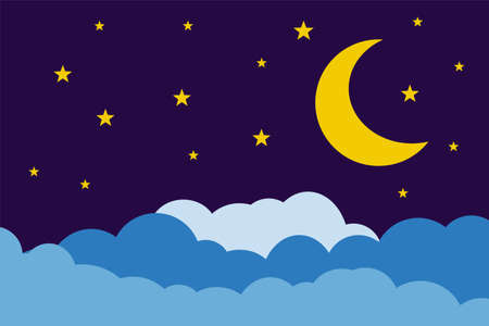 Flat style illustration yellow moon stars and blue clouds background design. Good to use for banner, social media template, poster and flyer template, etc.のイラスト素材