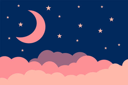 Flat style illustration pink moon stars clouds background design. Good to use for banner, social media template, poster and flyer template, etc.のイラスト素材