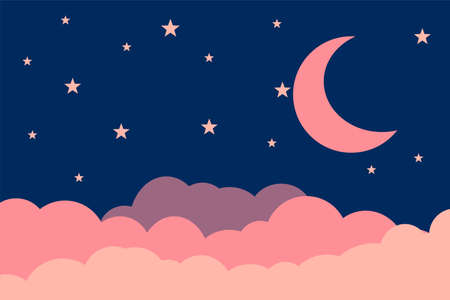 Flat style illustration pink moon stars clouds background design. Good to use for banner, social media template, poster and flyer template, etc.のイラスト素材