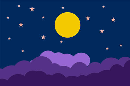 Flat style illustration yellow moon stars and blue clouds background design. Good to use for banner, social media template, poster and flyer template, etc.のイラスト素材