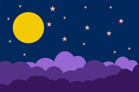 Flat style illustration yellow moon stars and blue clouds background design. Good to use for banner, social media template, poster and flyer template, etc.のイラスト素材