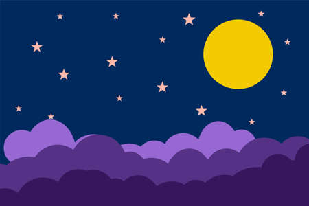 Flat style illustration yellow moon stars and blue clouds background design. Good to use for banner, social media template, poster and flyer template, etc.のイラスト素材