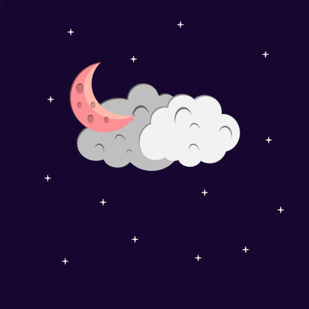 Flat style illustration pink moon, white stars and white grey clouds background design. Good to use for banner, social media template, poster and flyer template, etc.のイラスト素材