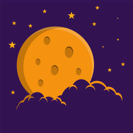 Flat style illustration orange moon stars and orange clouds background design. Good to use for banner, social media template, poster and flyer template, etc.のイラスト素材