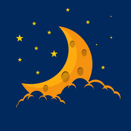 Flat style illustration orange moon stars and orange clouds background design. Good to use for banner, social media template, poster and flyer template, etc.のイラスト素材