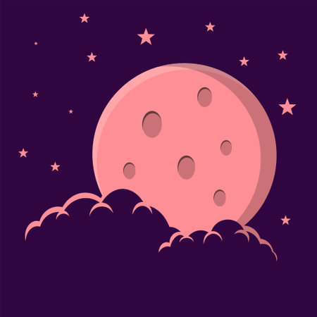 Flat style illustration pink moon, white stars and white grey clouds background design. Good to use for banner, social media template, poster and flyer template, etc.のイラスト素材
