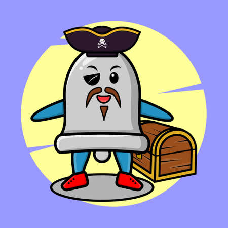 Bell pirate character with hat and beside treasure box cute style design t-shirt, sticker logo elementのイラスト素材