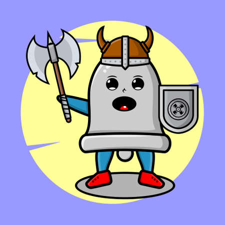 Bell viking pirate character cartoon with hat and holding ax and shield in cute style design for t-shirt, sticker, logo element, posterのイラスト素材