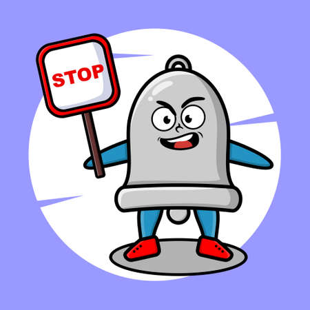 Cartoon mascot illustration bell with stop sign board vector drawing cute style design for t shirt, sticker, logo element for t-shirt, sticker, logo elementのイラスト素材