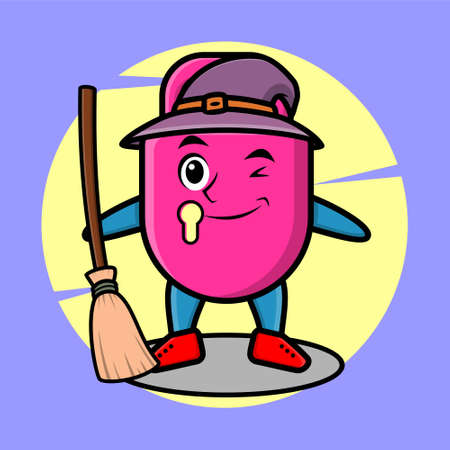 Cartoon witch shaped lock mascot with hat and broomstick cute stylish design for t-shirt, sticker, logo elementsのイラスト素材