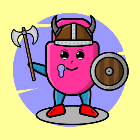 Cute cartoon Lock viking pirate character cartoon with hat and holding ax and shield in modern design for t-shirt, sticker, element, posterのイラスト素材