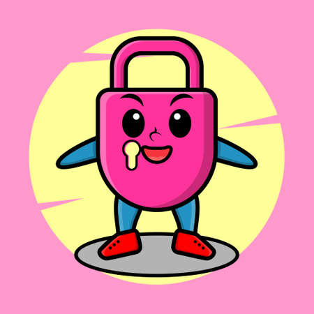 Cute cartoon lock character with happy expression in modern style design for t-shirt, sticker, logo element, posterのイラスト素材