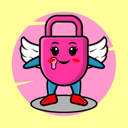 Cute cartoon lock character wearing wings in modern style design for t-shirt, sticker, logo element, posterのイラスト素材