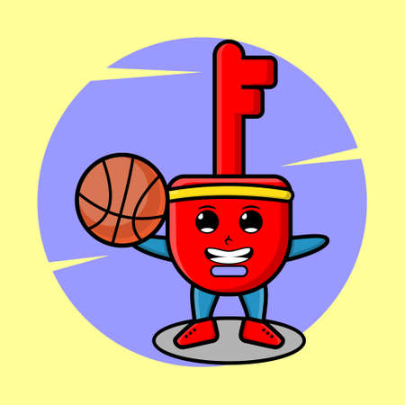 Cute cartoon mascot padlock key playing basketball in modern style design for t-shirt, sticker, logo elementsのイラスト素材