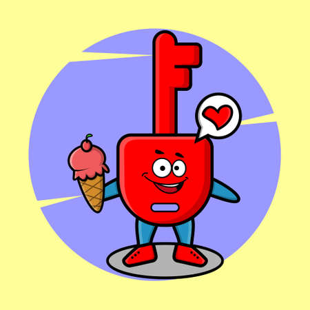 Cute Cartoon padlock key mascot holding ice cream cone cute modern style design for t-shirt, sticker, logo elementのイラスト素材