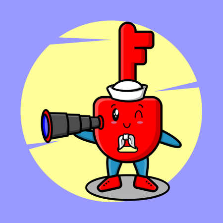 Cute mascot cartoon Padlock key sailor with hat and using binocular cute modern style design for t-shirt, sticker, logo elementのイラスト素材