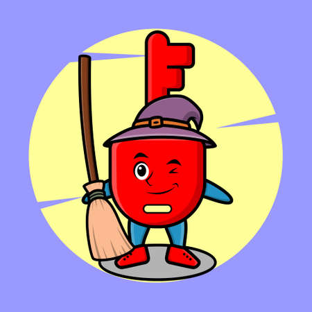 Cute cartoon witch shaped padlock key mascot with hat and broomstick cute modern stylish design for t-shirt, sticker, logo elementsのイラスト素材
