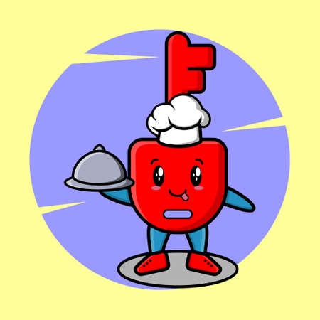 Cute Cartoon chef padlock key mascot character serving food on tray cute style design for t-shirt, sticker, logo elementのイラスト素材