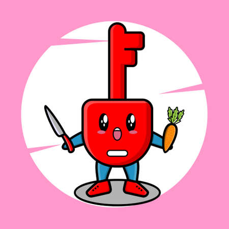 Cute cartoon mascot character padlock key mascot holding knife and carrot in modern style design for t-shirt, sticker, logo elementのイラスト素材