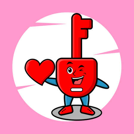Cute cartoon mascot character padlock key mascot holding big red heart in modern style design for t-shirt, sticker, and logo elementのイラスト素材