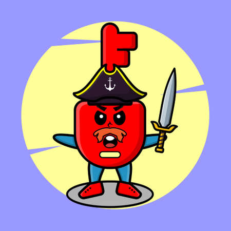 Cute cartoon mascot character padlock key pirate with hat and holding sword in modern design for t shirt, sticker, logo elementのイラスト素材