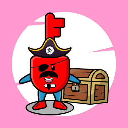 Cute cartoon character Padlock key pirate with treasure box in modern style design for t-shirt, sticker logo elementのイラスト素材