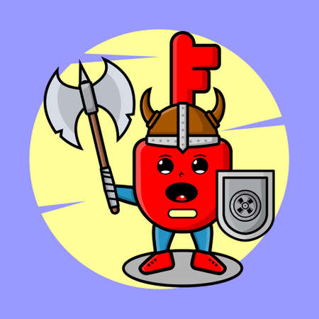Cute cartoon character Padlock key viking pirate with hat and holding ax and shield in modern design for t-shirt, sticker, logo element, posterのイラスト素材