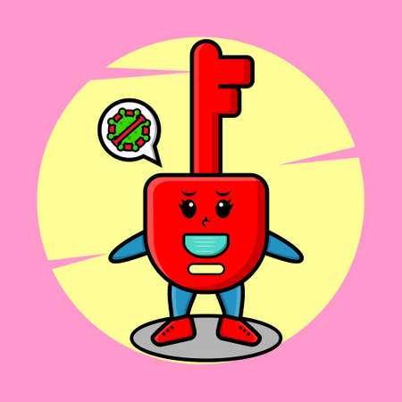 Cute cartoon mascot illustration padlock key using mask to prevent corona virus in cute modern style design for t-shirt, sticker, logo element, posterのイラスト素材