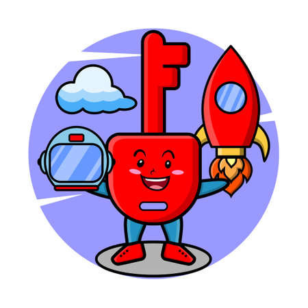 Cute mascot cartoon character Padlock key as astronaut with rocket, helm, and cloud in cute style for t-shirt, sticker, logo element, posterのイラスト素材