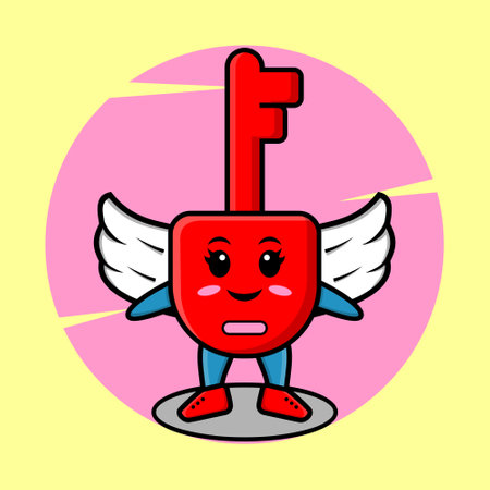 Cute cartoon padlock key character wearing wings in modern style design for t-shirt, sticker, logo element, posterのイラスト素材