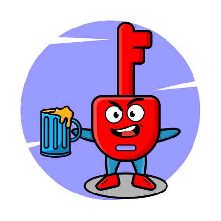 Padlock key cartoon mascot character with beer glass and cute stylish design for t-shirt, sticker, logo elementsのイラスト素材