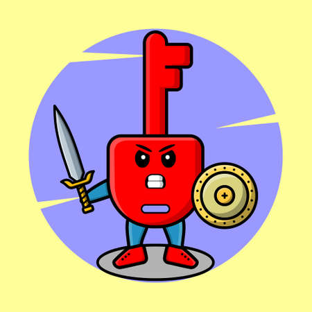 Cute cartoon character Padlock key viking pirate with hat and holding sword and shield in cute modern style design for t-shirt, sticker, logo element, posterのイラスト素材