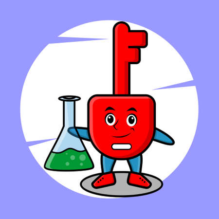 Cute cartoon mascot character padlock key as scientist with chemical reaction glass in cute modern style design for t-shirt, sticker, logo elementのイラスト素材