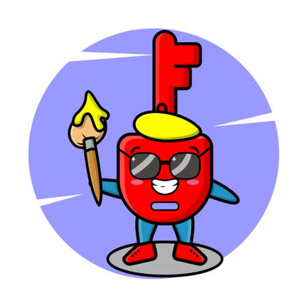 Cute cartoon character Padlock key painter with hat and a brush to draw in cute design style design for t-shirt, sticker, logo elementのイラスト素材