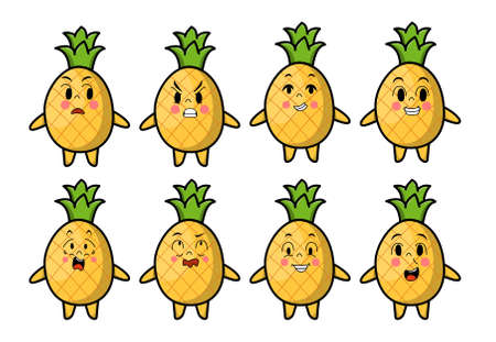 Set kawaii pineapple cartoon different expressions of cartoon face vector illustrations set. cute, funny, angry, happy, smiling comic faces with eyes. Emotions concept for character designのイラスト素材