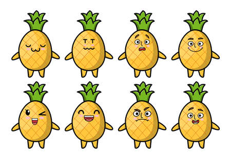 Set kawaii pineapple cartoon different expressions of cartoon face vector illustrations set. cute, funny, angry, happy, smiling comic faces with eyes. Emotions concept for character designのイラスト素材