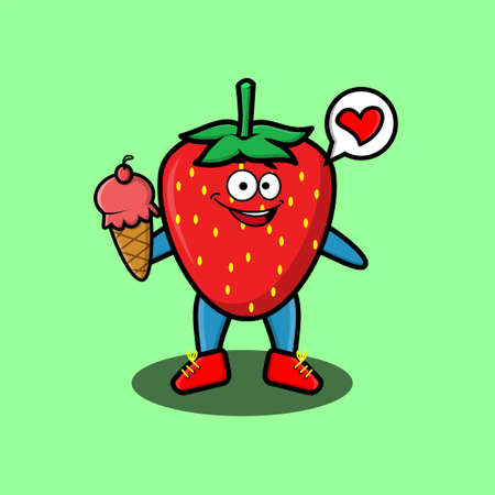 Cute Cartoon strawberry mascot holding ice cream cone cute modern style design for t-shirt, sticker, logo elementのイラスト素材