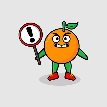 Cute cartoon mascot illustration orange with exclamation sign board vector image cute modern style design for t shirt, sticker, logo elementのイラスト素材