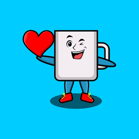 Cute cartoon mascot character coffee tea cup mascot holding big red heart in modern style design for t-shirt, sticker, and logo elementのイラスト素材