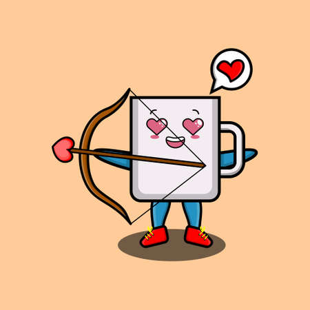 Cute cartoon mascot character romantic cupid coffee tea cup with love arrow in modern design style for t-shirt, sticker, logo elementsのイラスト素材