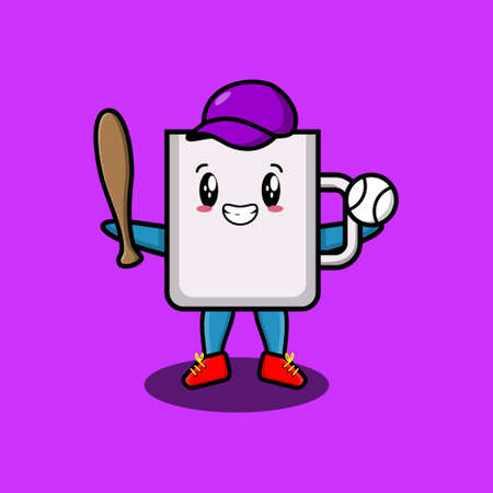 Cute cartoon mascot character coffee tea cup playing baseball in modern style design for t-shirt, sticker, and logo elementsのイラスト素材