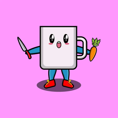 Cute cartoon mascot character coffee tea cup holding knife and carrot in modern style design for t-shirt, sticker, logo elementのイラスト素材