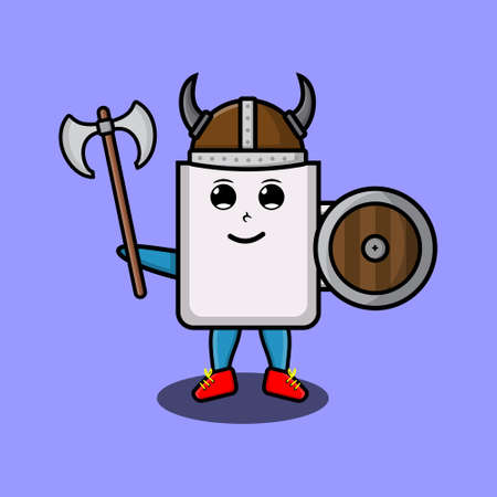 Cute cartoon character Coffee tea cup viking pirate with hat and holding ax and shield in modern design for t-shirt, sticker, logo element, posterのイラスト素材