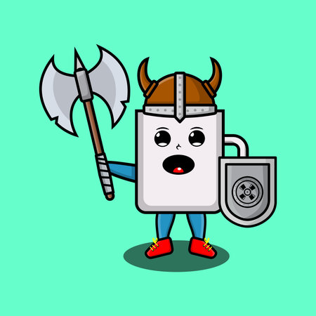 Cute cartoon character Coffee tea cup viking pirate with hat and holding ax and shield in modern design for t-shirt, sticker, logo element, posterのイラスト素材